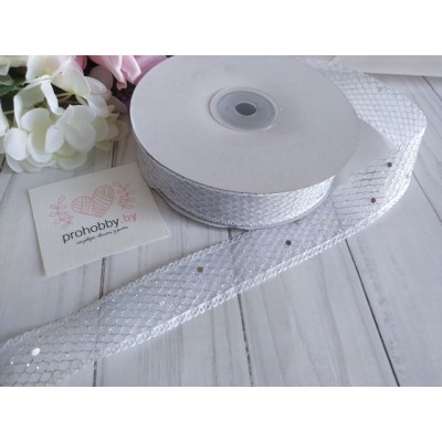 Лента с сеточкой и блестками, 25 мм, цвет белый